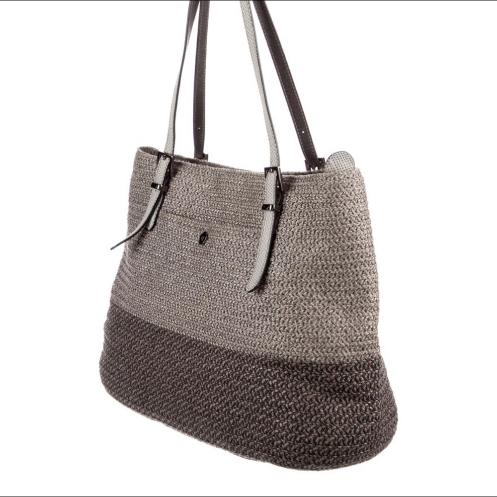 Eric Javits Raffia Tote Bag - Grey With Green Print Interior!!